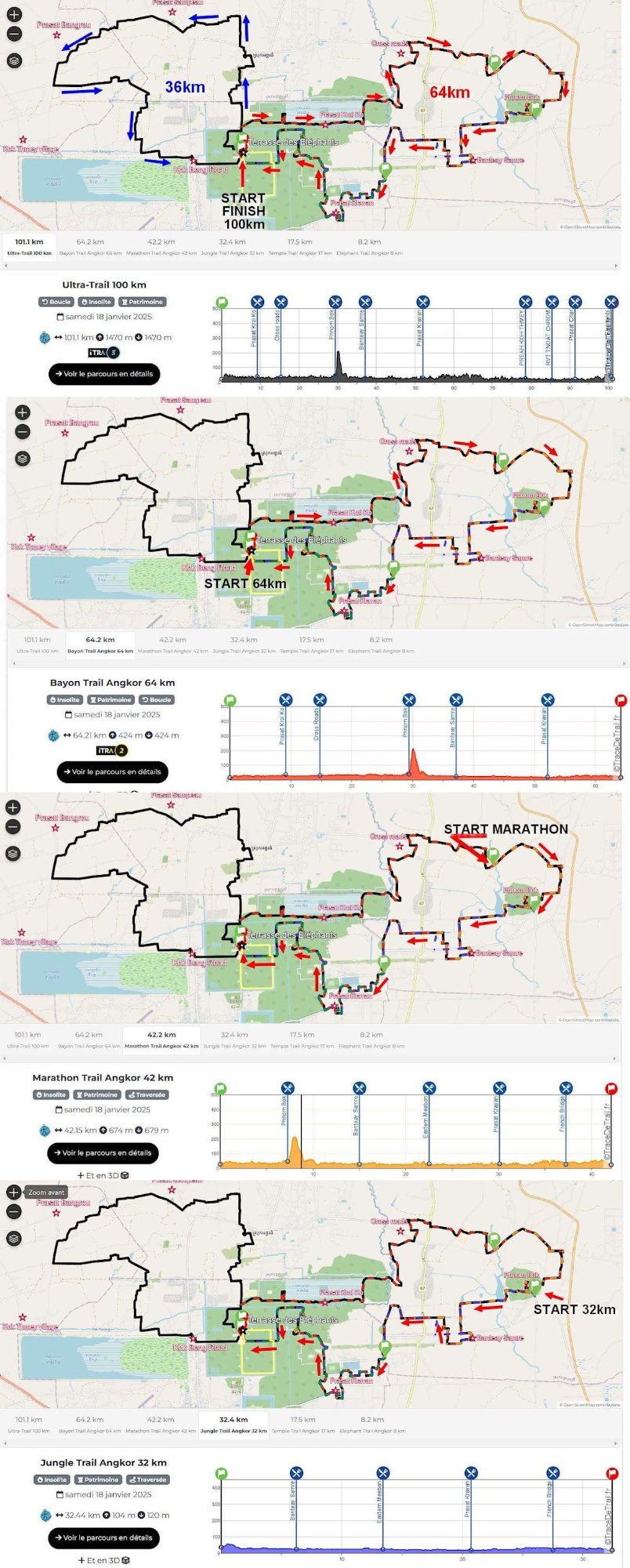 Ultra Trail Angkor route map showing 64km Bayon Trail course